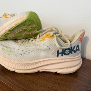 Hoka Women's Sneakers in Cream with Green and Yellow Accents